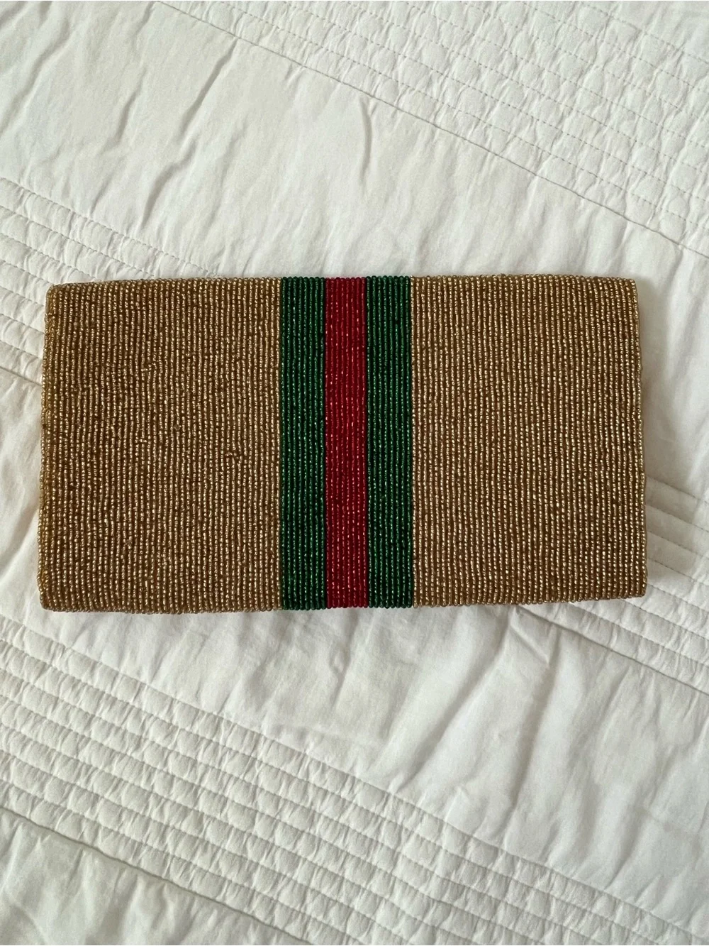 Gold Beaded Clutch with Green & Red Stripe